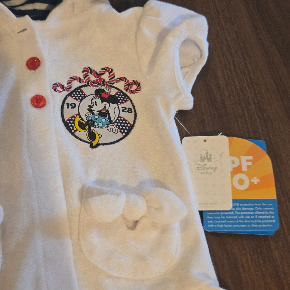Disney Baby Minnie Mouse White Terry Cloth Hooded Swim Cover Up UPF 50+ 18-24M